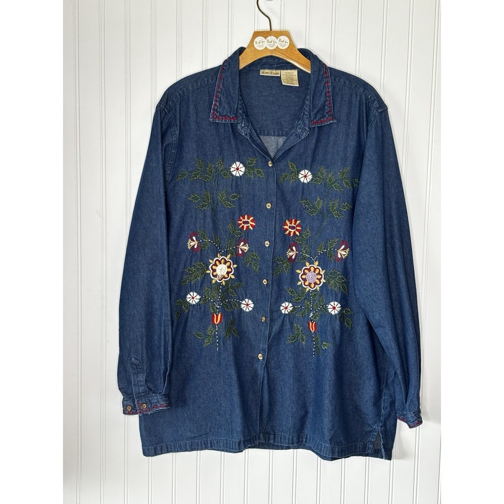 Vtg Bobbie Brooks Shirt XL Denim Blue Embroidered Flowers Beads L/S Button Up